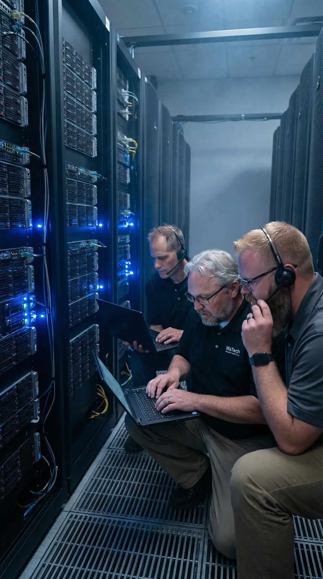 WaTech Team looking at a laptop.