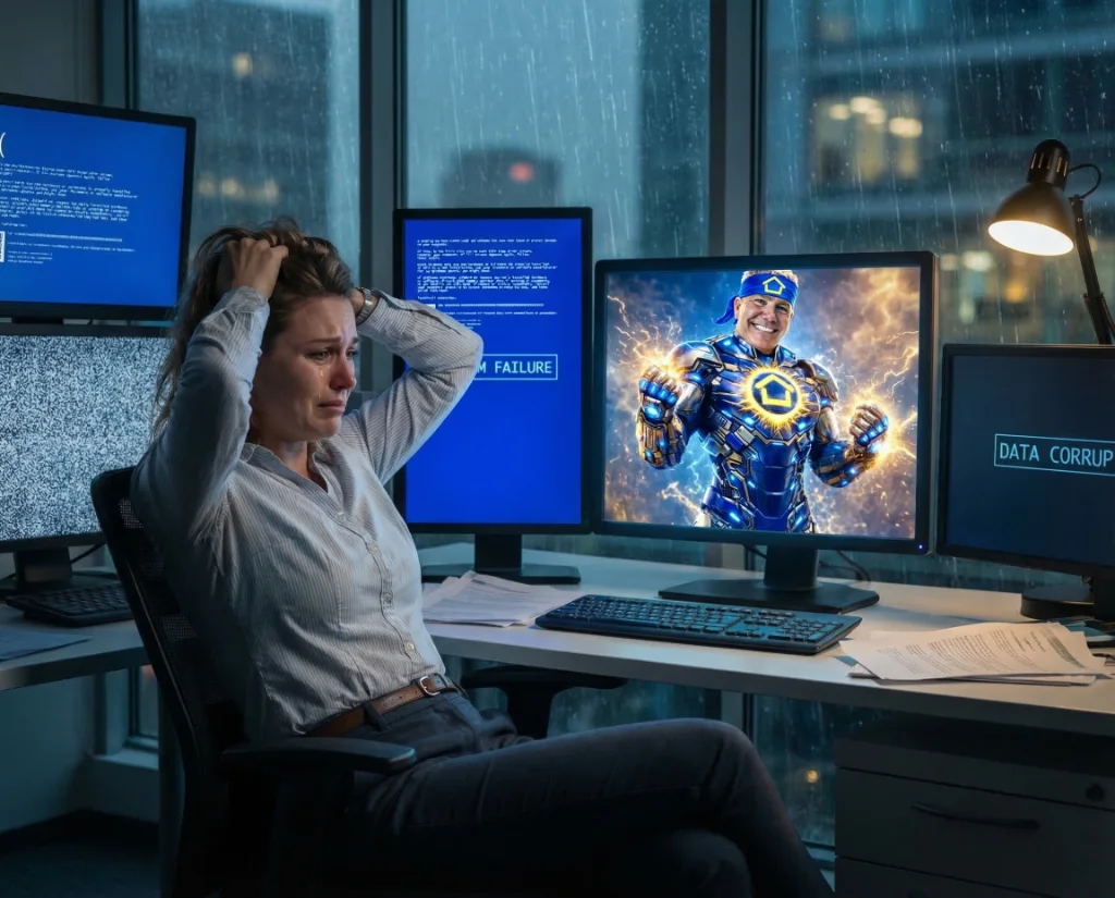 a woman is destressed by a computer virus